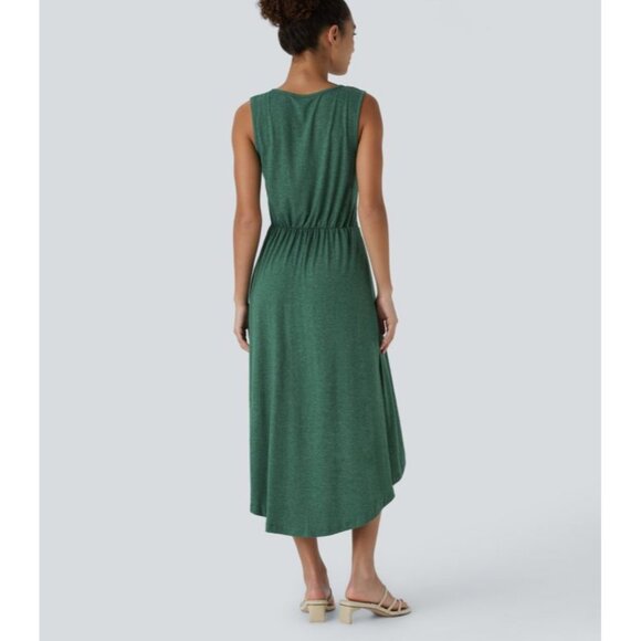 Halara Deep V Neck Sleeveless High Low Crossover Hem Midi Casual Dress Sz Large - Picture 2 of 14